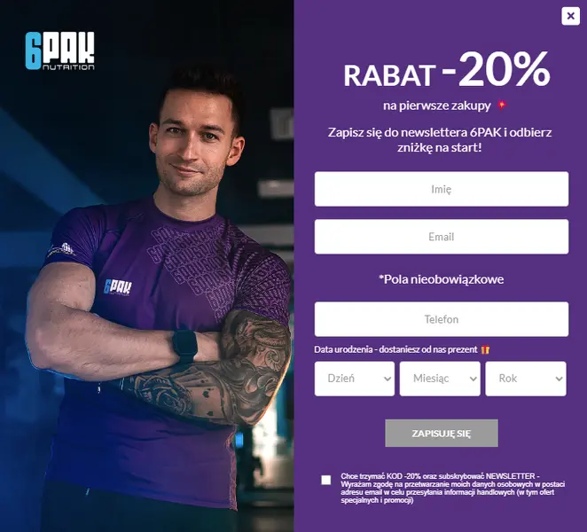 RABAT -20%  na pierwsze zakupy 6PAK Nutrition